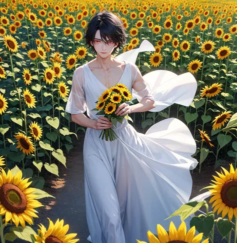 An androgynous man, slender body with androgynous body wears white summer dress that dances with the wind, He is standing in a field of sunflowers with a tender smile and is carrying a bouquet of sunflowers in his hand. He has short, disheveled black hair....