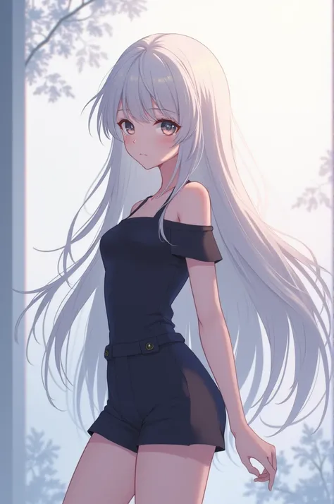 A female anime character who has white hair down to her butt and a shy face wearing a black top and shorts 
