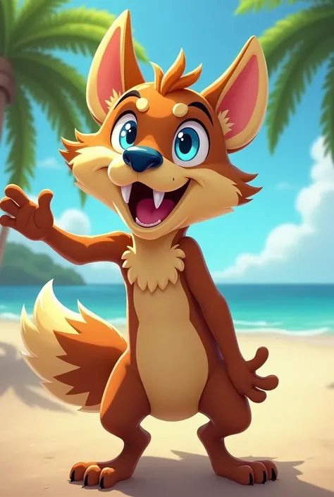 The character in the image is an anthropomorphic wolf with a cheerful expression. He has a brown and yellow fur pattern, large, pointed ears, a blue snout and eyes. He is on a beach, with palm trees in the background, which gives him a tropical feel. He is...