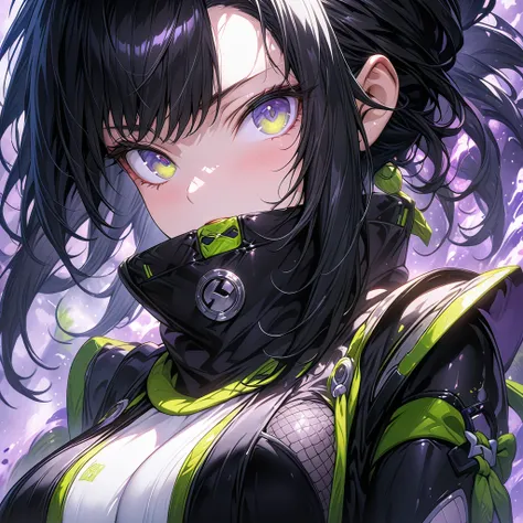 nsfw、High image quality、Best Quality、Highly detailed CG Unity 8k wallpaper、masterpiece、Super detailed、Super Fine Illustration、Detailed beautiful face、Beautiful eyes in every detail、Shiny black hair、(Age 25、woman、ninja、Busty、Future,ninja服)