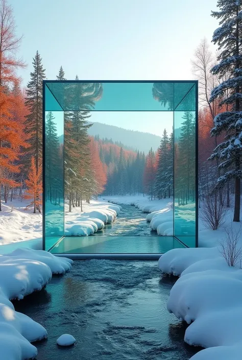 A massive solid glass cube sits in a breathtaking Canadian winter landscape, showcasing a stunning view of a rushing river through a majestic forest shimmering with colors after the rain at sunrise. The scene features high-contrast natural lighting and vib...