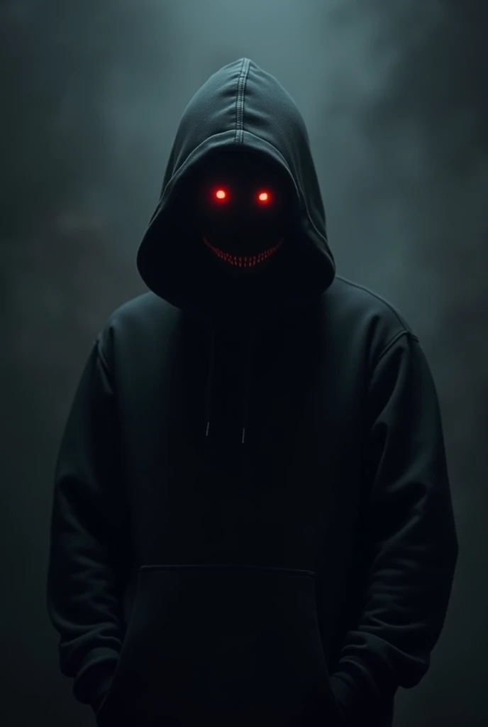 hooded man with a sweatshirt and his face covered in darkness while, only show their red eyes