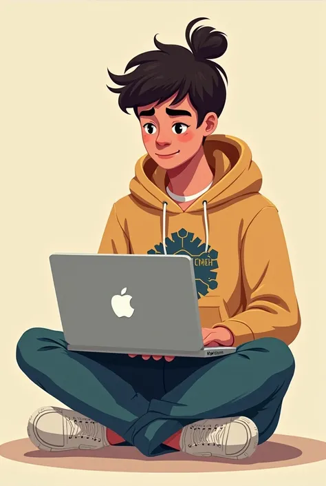 generates a student with a sweatshirt with jeans and on his sweatshirt that has the cybertech logo in pixar the cyber tech logo sitting with a laptop