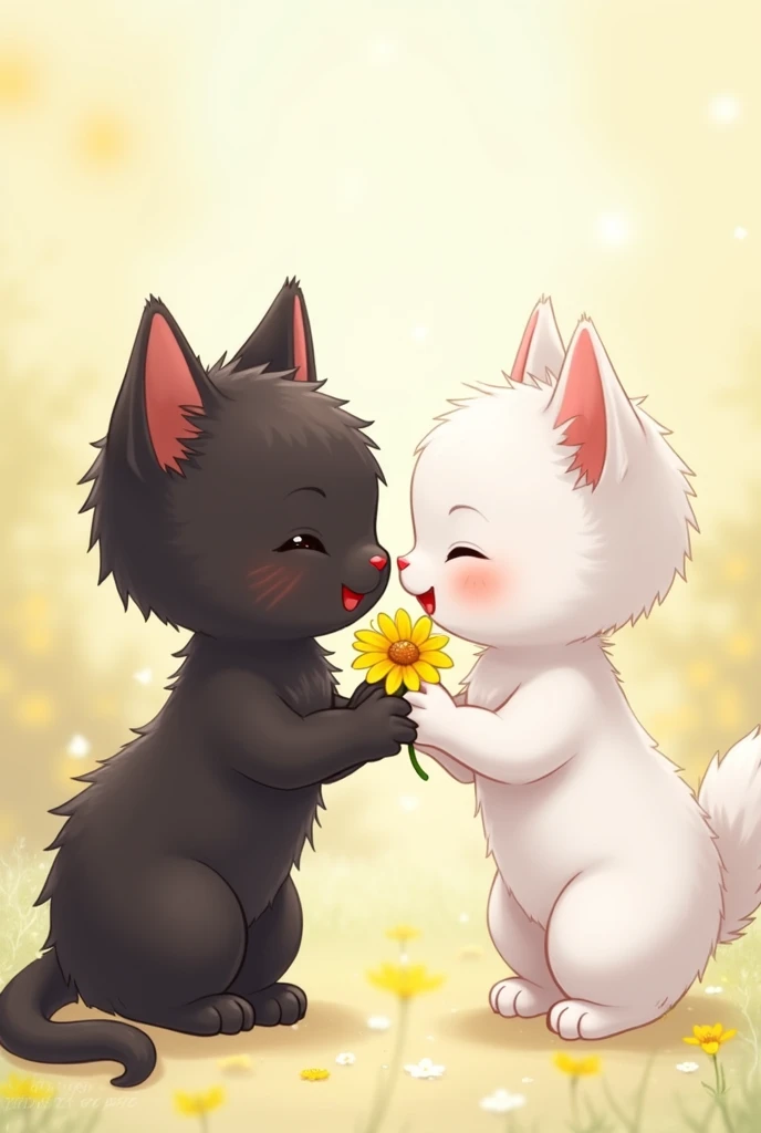 Black kitten giving yellow flower to white kitten anime style as friends less romantic but the design is cute improves the quality but keep the previous design 