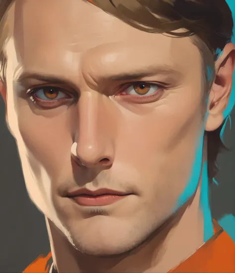 masterpiece, beautiful illustration, man, 40 years old, brown eyes, blond hair, wicked, creepy look,  Mads Mikkelson