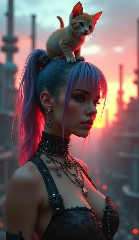 ((ultra wide angle x0.5:1.5, Camera bottom view, Pin en Cybergoth:1.5)), ((autophoto:1.4, Pin young on Cybergoth, wearing clothes Pin on Cybergoth,(( girl with a kitten on her head, super cute image:1.5)), various vibrant colors and ornaments: 1.3)),((indu...