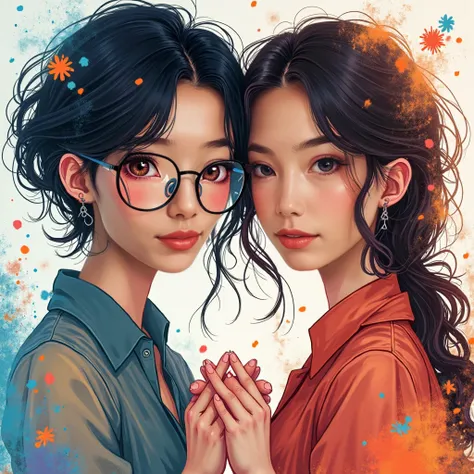 (masterpiece), (best quality), (ultra detailed),(messy hair),(illustration), (1girl adult chinese wearing glasses with short hair,1girl teenage chinese not wearing glasses with long hair), avatar, macro lens, (Fashionable clothing), standing,Fashion model,...