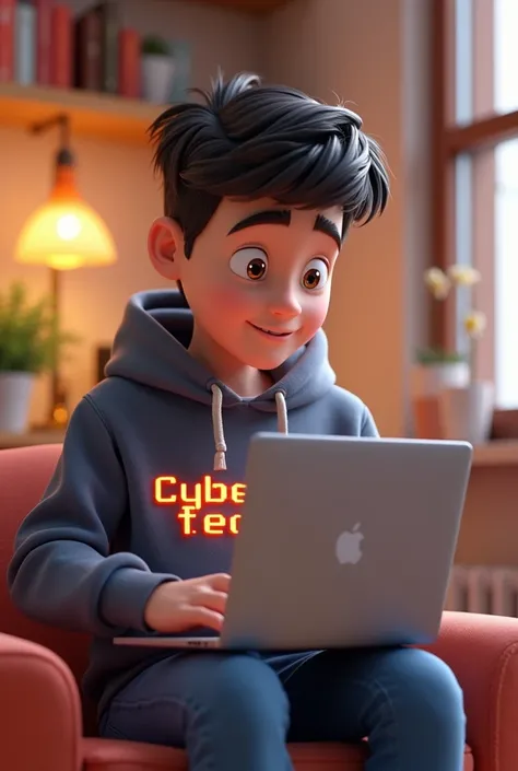 generates a student with a sweatshirt and a laptop, sitting and wearing the sweatshirt that says cybertech in pixar version 