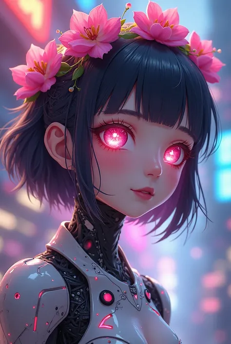 Cyberpunk anime girl with pink with yellow star shaped eyes flower crown and robot body