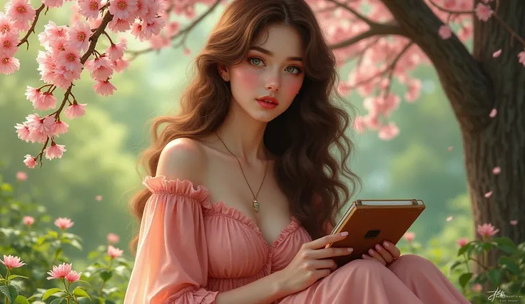  with long curly brown hair, greeneyes, medium fair skin, round mouth, com um vestido rosa, sitting under a flowering tree, PAINTING A PICTURE, Round face, medium breasts
