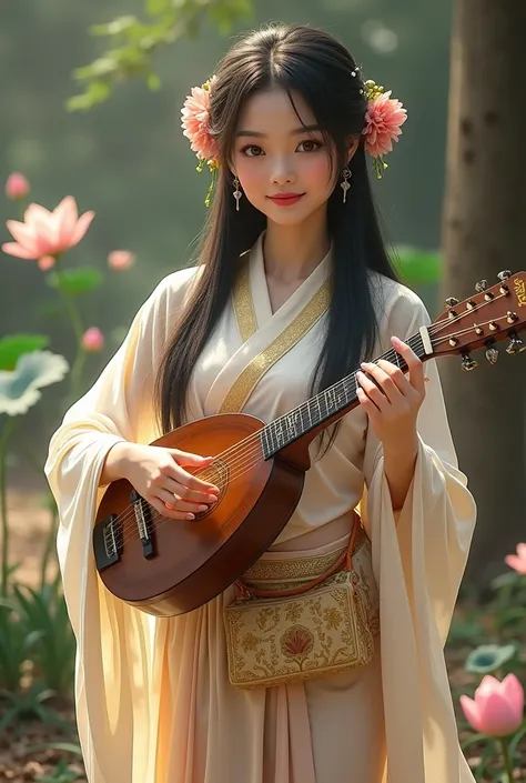 Realistic image of a woman in Thai dress holding a bag in the style of Thawan Duchanee, playing a lute in a beautiful short skirt, light pink lips, a beautiful noble robe, exquisite details, arrival style, wearing a beautiful dress, Britney Lee, royal fami...