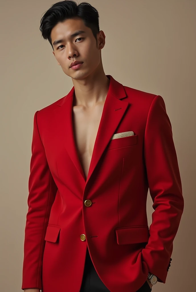 A young man in red blazer 

