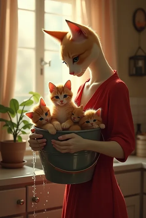 Slim lady cat with red frock bucket of kittens and take inro her home and  wash that kittens with water 