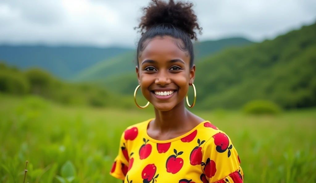 Indian teen girl in jamaica country side smiling with a yellow top on that has red apples on it her hair is one puff in the back and she has on gold earings with big cute eyes 