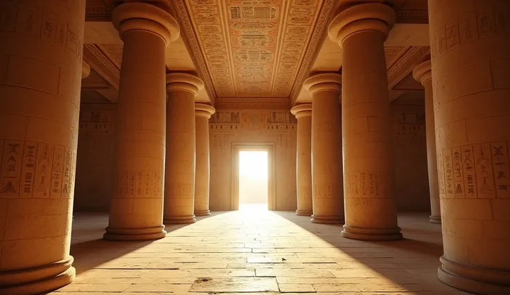 Empty banquet hall in ancient Egyptian palace. CLOSED CEILING WITHOUT LIGHTING. Simple Round Egyptian Columns. Walls with colorful Egyptian hieroglyphics. 8k high resolution photo.