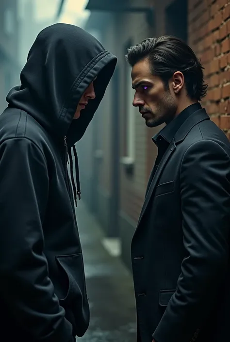 Hooded man with a sweatshirt and a knife confronting a stylish man with purple eyes


