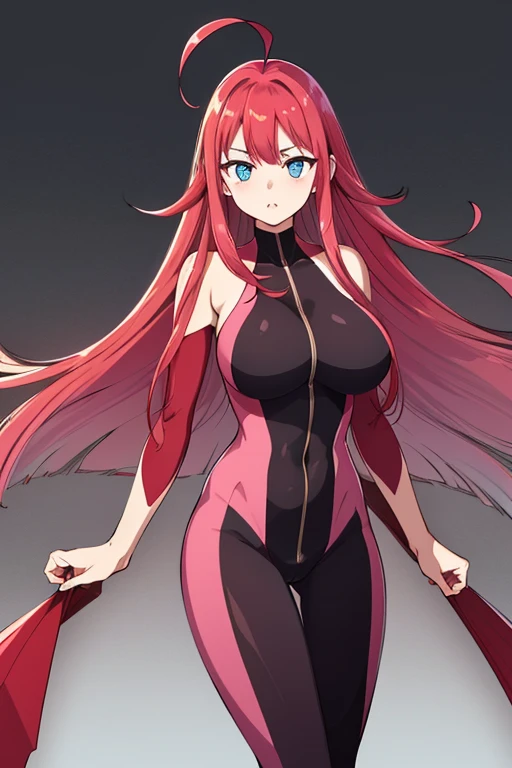 High resolution, masterpiece, Best Quality, High-resolution model, Ultra high definition, Red Hair, Very long hair, Ahoge、Large Breasts, blue eyes, Pink bodysuit、