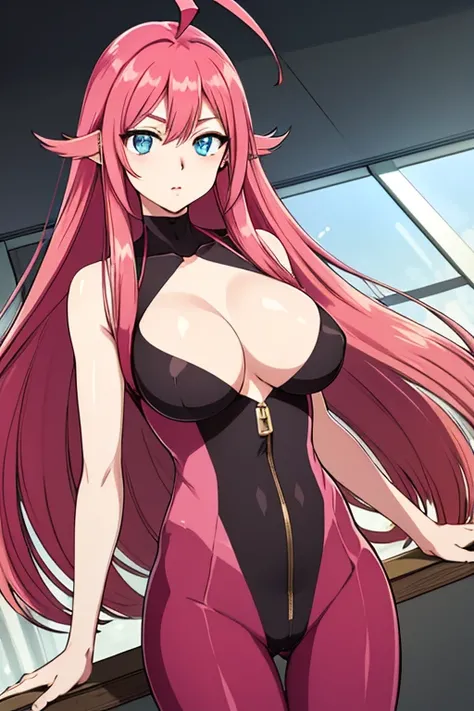 High resolution, masterpiece, Best Quality, High-resolution model, Ultra high definition, Red Hair, Very long hair, Ahoge、Large Breasts, blue eyes, Pink bodysuit、