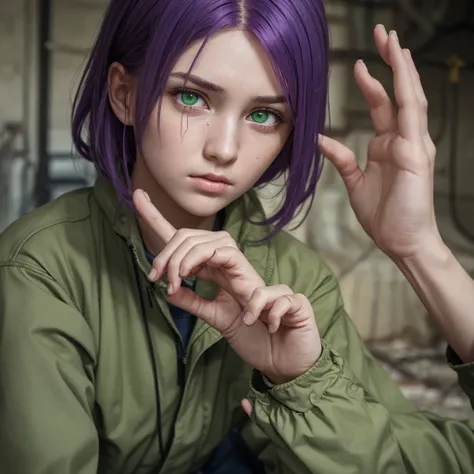 Girl in combenison, Chernobyl exclusion zone, S.T.A.L.K.E.R, purple hair, green eyes, scar above her left eyebrow, unarmed, five fingers on her left hand, five fingers on her right hand, sad.