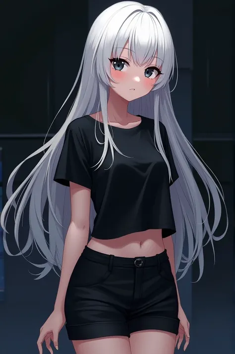 A female anime character who has long white hair down to her back with a short black t-shirt, black shorts and a dark background and a shy face with black eyes 