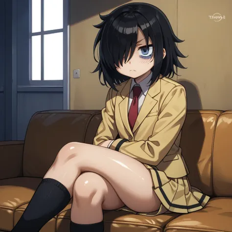 score_9, score_8_up, score_7_up,, solo, source_anime, tomokoxl, bags under eyes, hair over one eye black hair, medium hair, school uniform, red necktie, yellow skirt, short skirt, pleated skirt, yellow jacket, black socks, standing, cowboy shot, sitting, c...