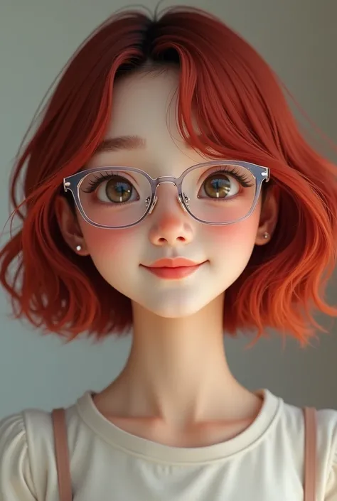 A red-black haired young swedish-korean girl wearing tiny transparent glasses and smiling, short bob hair, realistic