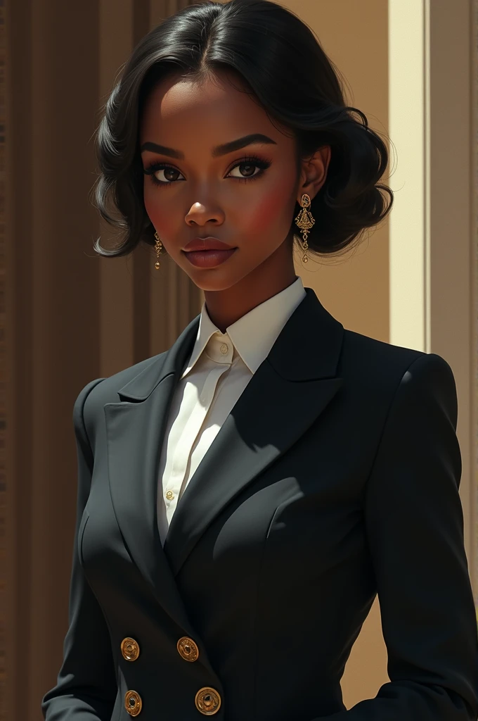 a female character in uniform for the book, black student, beautiful and elegant