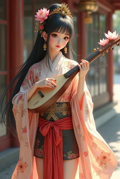 Realistic Thai-Japanese woman in Thai dress holding a bag in the style of Thawan Duchanee, playing a lute in a beautiful short skirt, light pink lips, a beautiful noble robe, exquisite details, arrival style, wearing beautiful clothes, Britney Lee, royal f...