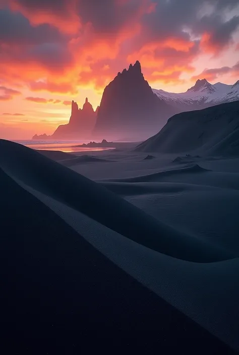 Stokksnes Beach in Iceland, showcasing its dramatic black sand dunes and the majestic Vestrahorn mountain range against a vibrant sunset sky.