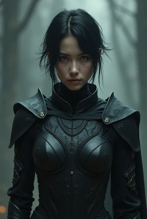 Short hair girl, white skin, golden eyes and black armor


