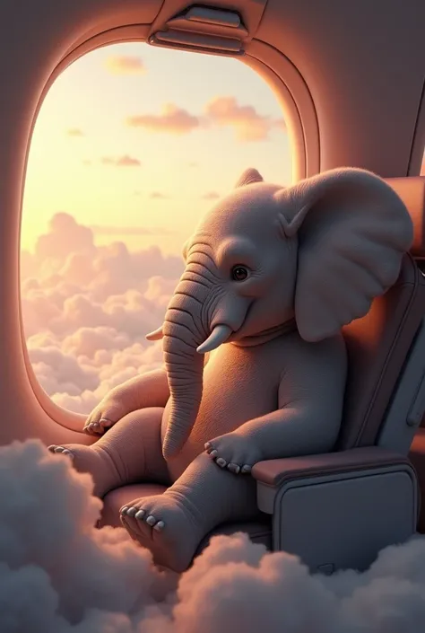 "A large elephant is sitting comfortably inside an airplane, gazing out of the window. Outside, the sky is filled with soft, pink clouds floating gently. The scene feels peaceful and natural, with the warm sunlight filtering through the clouds, casting a m...