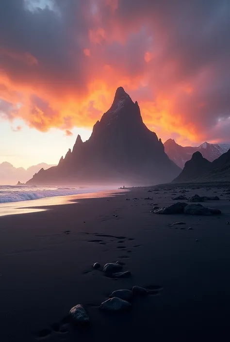 A dramatic landscape, Stokksnes Beach in Iceland, black sand dunes, majestic Vestrahorn mountain range, vibrant sunset sky, (best quality,4k,8k,highres,masterpiece:1.2),ultra-detailed,(realistic,photorealistic,photo-realistic:1.37),HDR,UHD,studio lighting,...