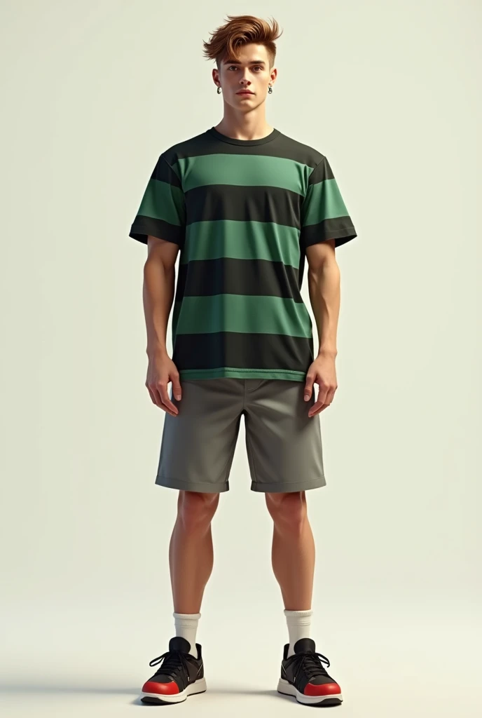 J Tall young man big,, Light brown hair, Earrings, Green and black striped t-shirt, Gray shorts, Black and red sneakers 