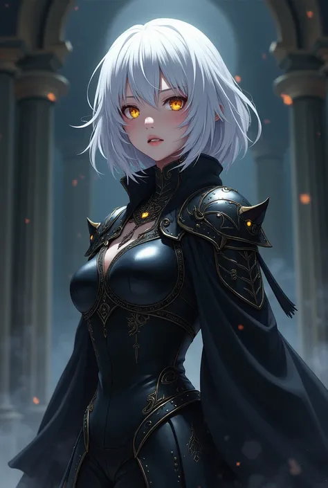 Girl with short white hair, white skin, golden eyes and black armor. anime style


