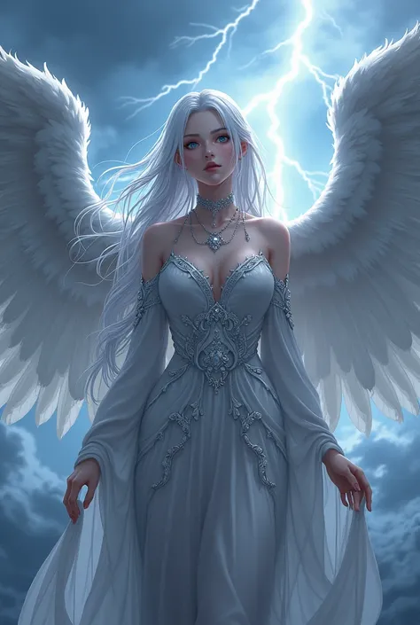 Female anime character with lead-colored angel wings, silver hair and eyes in a storm in the sky