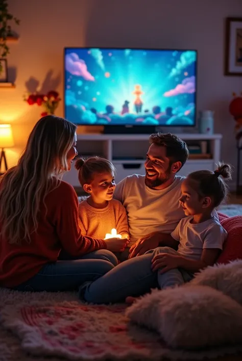 Brightly colored photo of family watching television at home 