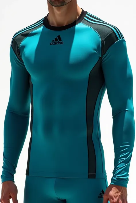 A long-necked football shirt, long sleeve, that does not absorb sweat, antiperspirant, with mesh on the sides in turquoise blue and black that is compression, soft and light material , hyper-measurable and comfortable for playing professional football that...