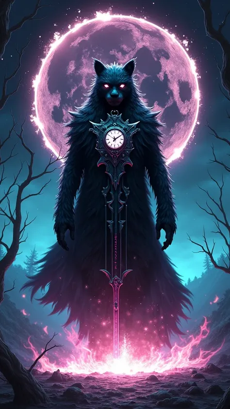 A being of darkness with his face covered, with dark fur with bright reflections, and, with bright eyes, with a shield in the shape of a skull, on the shield the word "DARK" in flames, Looking at the dark horizon (Hell), with full moon and on the moon and ...