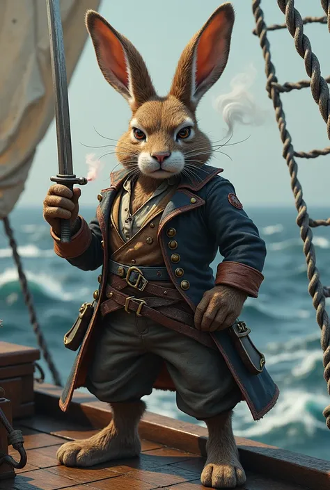 A pirate rabbit sailing on his ship, has a grumpy personality and is bad-tempered, making an elaborate pose, rabbit paws and body, he smokes cigar