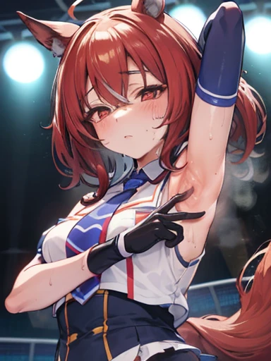 Spread your armpits with two fingers, , 
Spread your armpits, (From below), Watching the audience, At the hotel, ベッドでのlure, Close-up shot, 
1 Female, lure, Big Breasts, Mature Woman, (Agnes Tachyon(Uma Musume):1.4), Hair accessories, Black clothes, Black l...