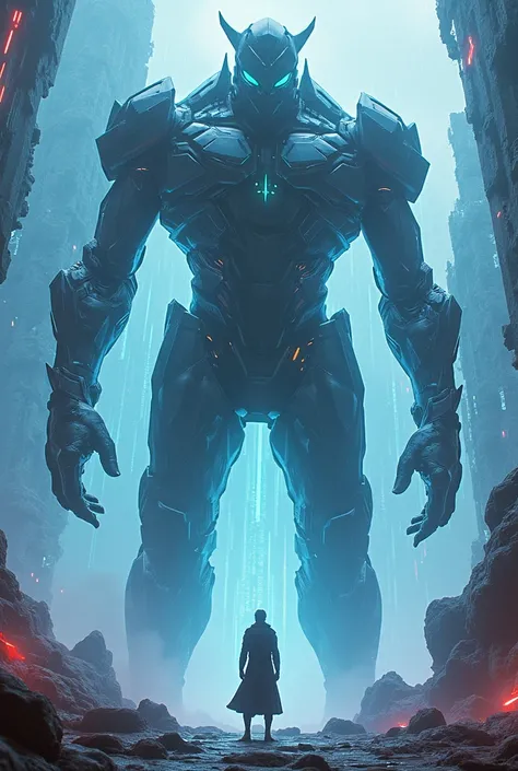 SansAI, a colossal AI avatar, menacing and geometric, futuristic era, composed of shifting digital shapes, inside a virtual realm, confronting Nexar in an intense standoff, swirling data streams in the background, close-up shot, comic style, hyper-realisti...