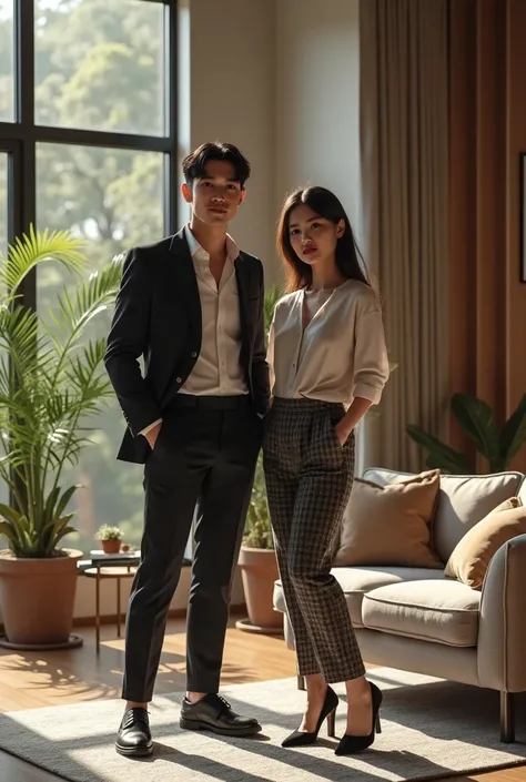 Realistic and detailed Korean tall and handsome guy and realistic and detailed 20-year-old beauty with beautiful face,Large and realistic bust,There are all models with model figures in the spacious and stylish living room.,Charming views from the stairway...