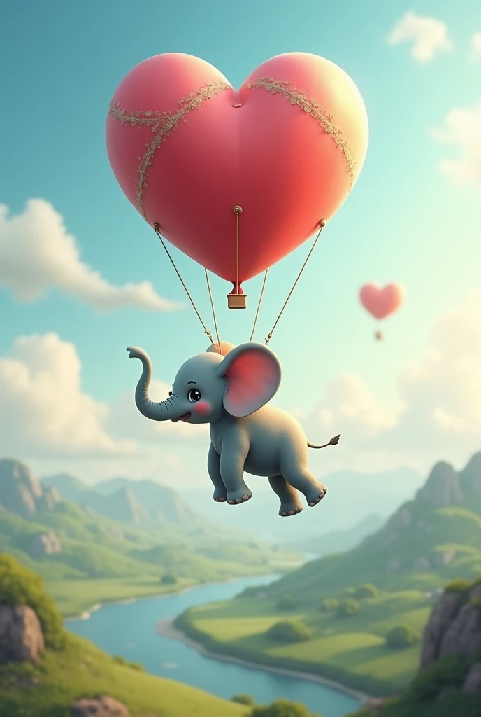 Little elephant flying with  heart  balon 

