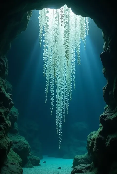 An inverted white wisteria in an aquarium cave