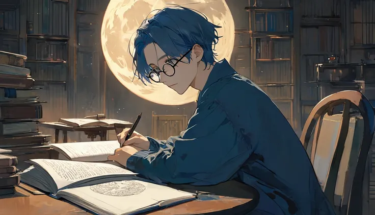 (masterpiece, Best Quality),(Simple line drawing: 1.2), Post-Grunge, Concept Art, Art Station Trends, Detailed Description,(A young man wearing round glasses is sitting at a table and reading a book. September full moon),Blue outline,Fantasy、