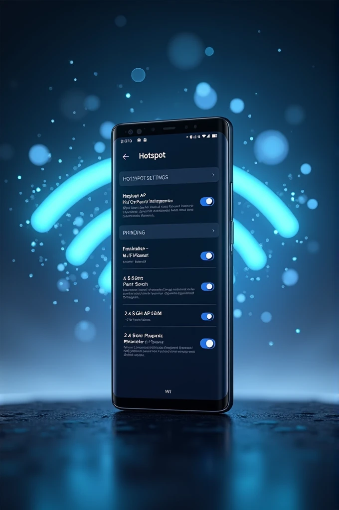 A mobile with front screen with WiFi background and show hotspot settings AP band 2.4 and 5 ghz 