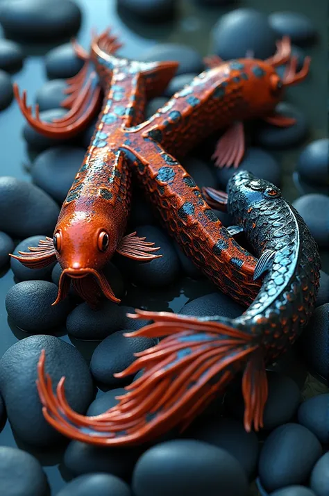 3D name using koi fish containing pebbles, the color of the letters is like the color of the koi fish dripping gothic letters, Name ( KRISTINA ).