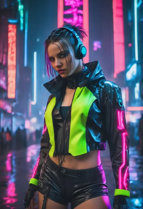 a sexy young girl wearing headphones and a neon jacket in a dimly lit, oppai cyberpunk, cyberpunk beautiful girl, cyberpunk girl...