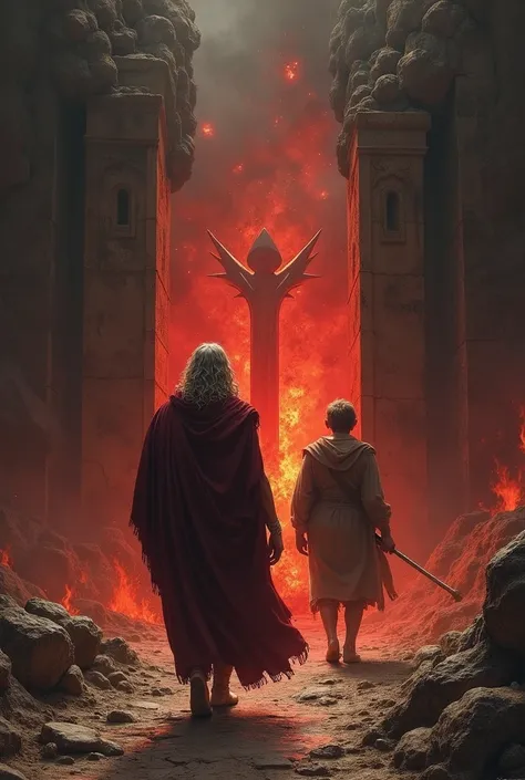 Una imagen que muestre a dante y Virgilio entrando al Infierno. Virgilio debería estar guiando a dante, with a serene and confident face. dante, with a face of fear and astonishment, but also with a pinch of hope.
