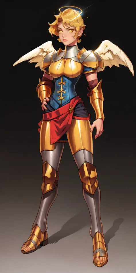 (Black background) paladin lady in ornate golden armor, black collar, pauldrons, breastplate, leather corset, glowing halo, short bob hair style, yellow glowing eyes, bright pupils, eye focus, red cape (full body, whole body, 1solo girl) fighter, loincloth...